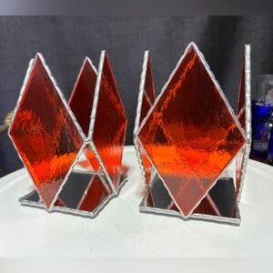Stained Orange Glass Candle Holder Set